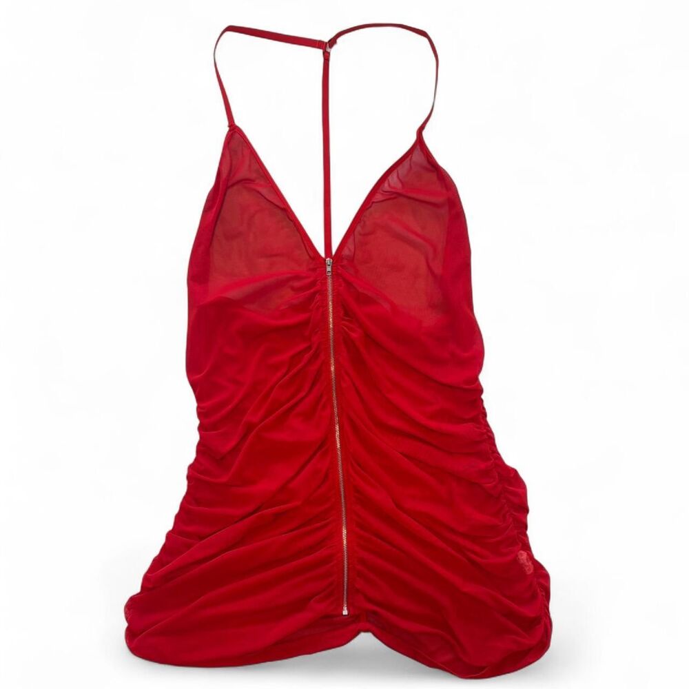 sheer red ruched zipper mini dress